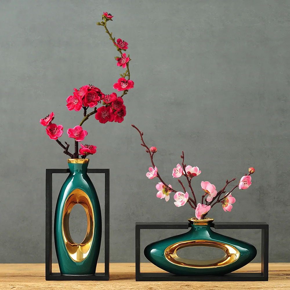 Square Wooden Frame Green Ceramic Vase. Plum Blossom Zen-inspired. Entrance Hall Decoration. Company Desktop Relocation Gift