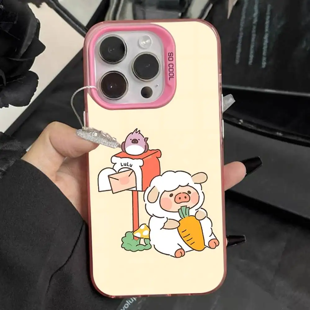 حافظة هاتف كارتون L-LuLu Pig لهاتف آيفون 16,15,14,13,12,11,Pro,Max,Plus, Mini,XS,SE مضادة للسقوط وردي غير لامع مصد صلب