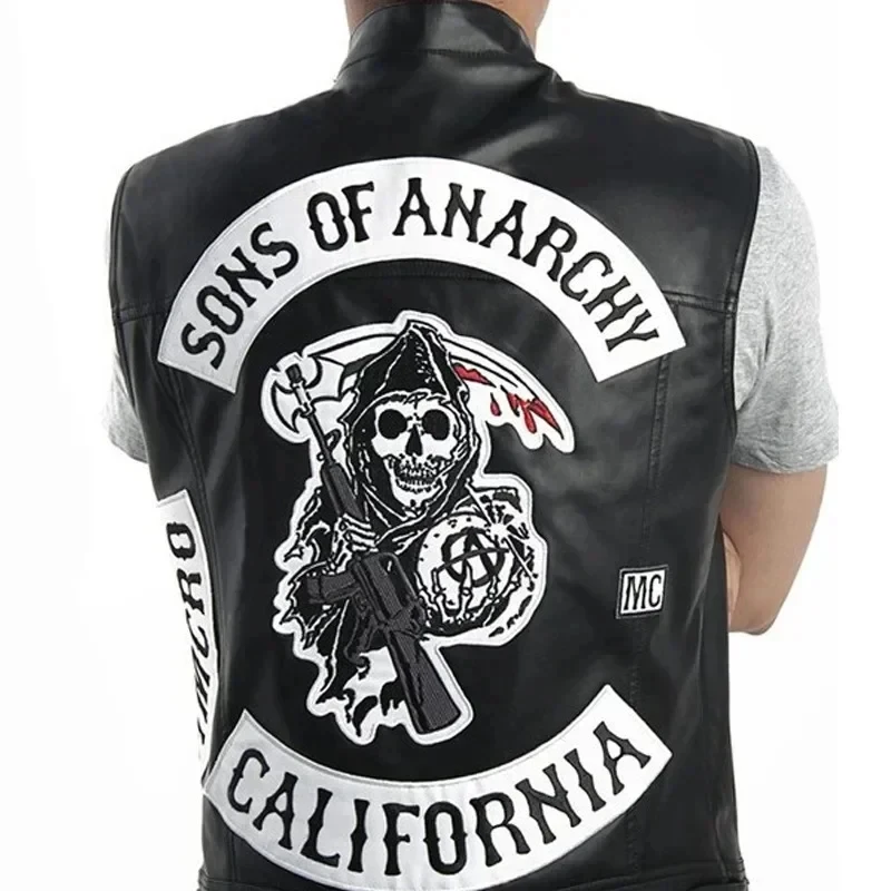 ABC123Leather Men Motorcycle Cosplay Costume Sleeveless Jacket Sons An Embroidery Rock Punk PU Vest V Neckb;6'j,k.9;a view 5
