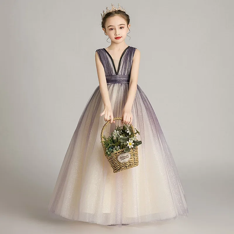 2024 Fashion Luxury Children Girls Sleeveless Evening Party Holiday Ceremony Princess Mesh Dress Kid Teens Piano Host Prom Dress