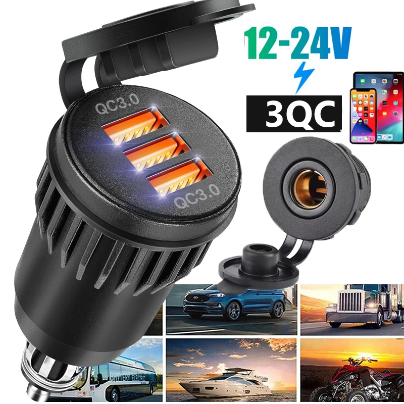 12v usb motorcycle socket outlet Universal Waterproof 3 QC3.0 USB Fast Charger Power Adapter Hella DIN Plug Socket