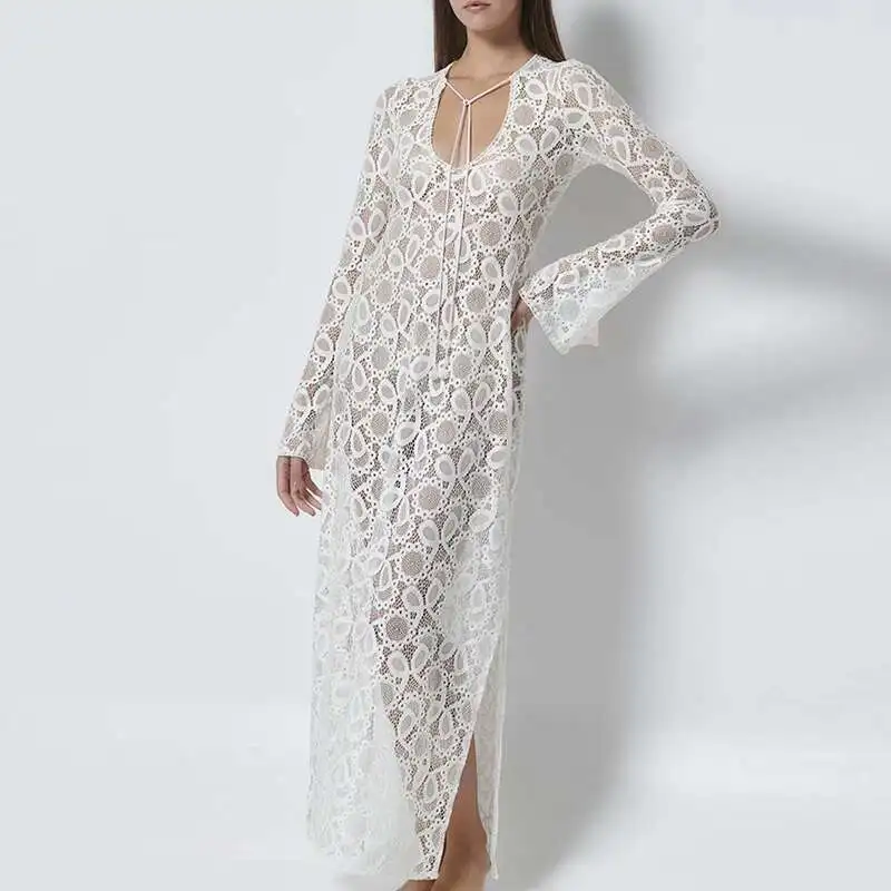 

New 2025 Fashion Long Sleeve Beach Casual Side Split Robe Elegant Women's Deep V Lace Cover Up Dress Vestido