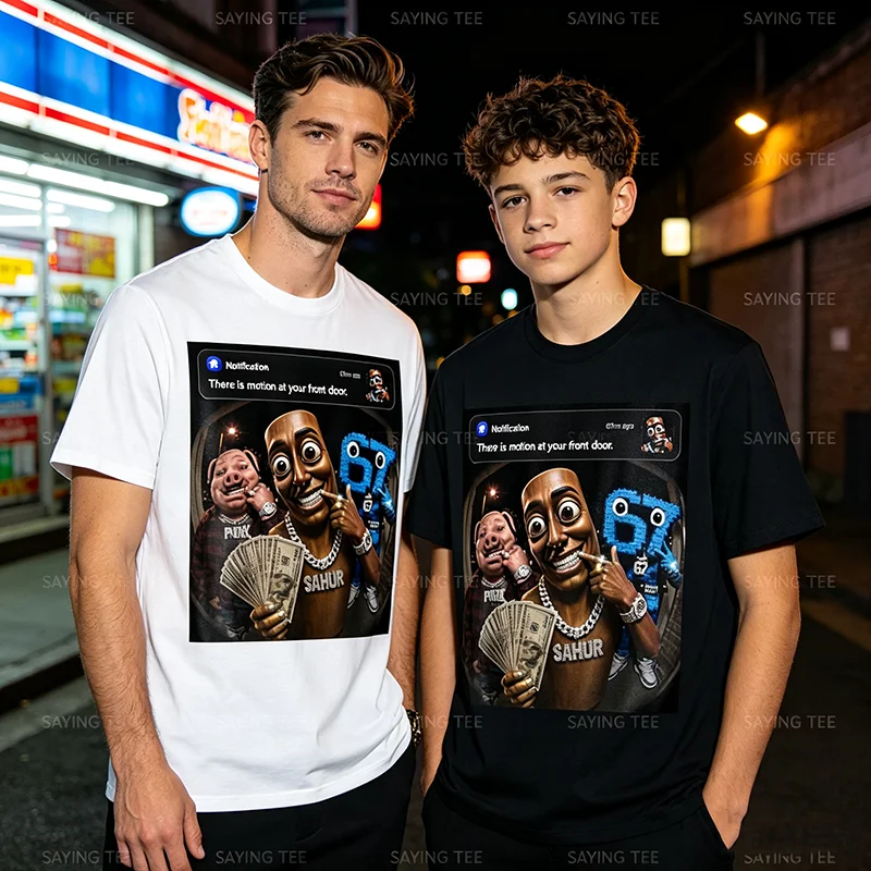 John Pork Tung-Tung-Tung Sahur 67 Meme Lustiges Brainrot T-Shirt „Es gibt Bewegung vor deiner Haustür“ Grafik-Bekleidung Neuartiges Geschenk – Detail 3