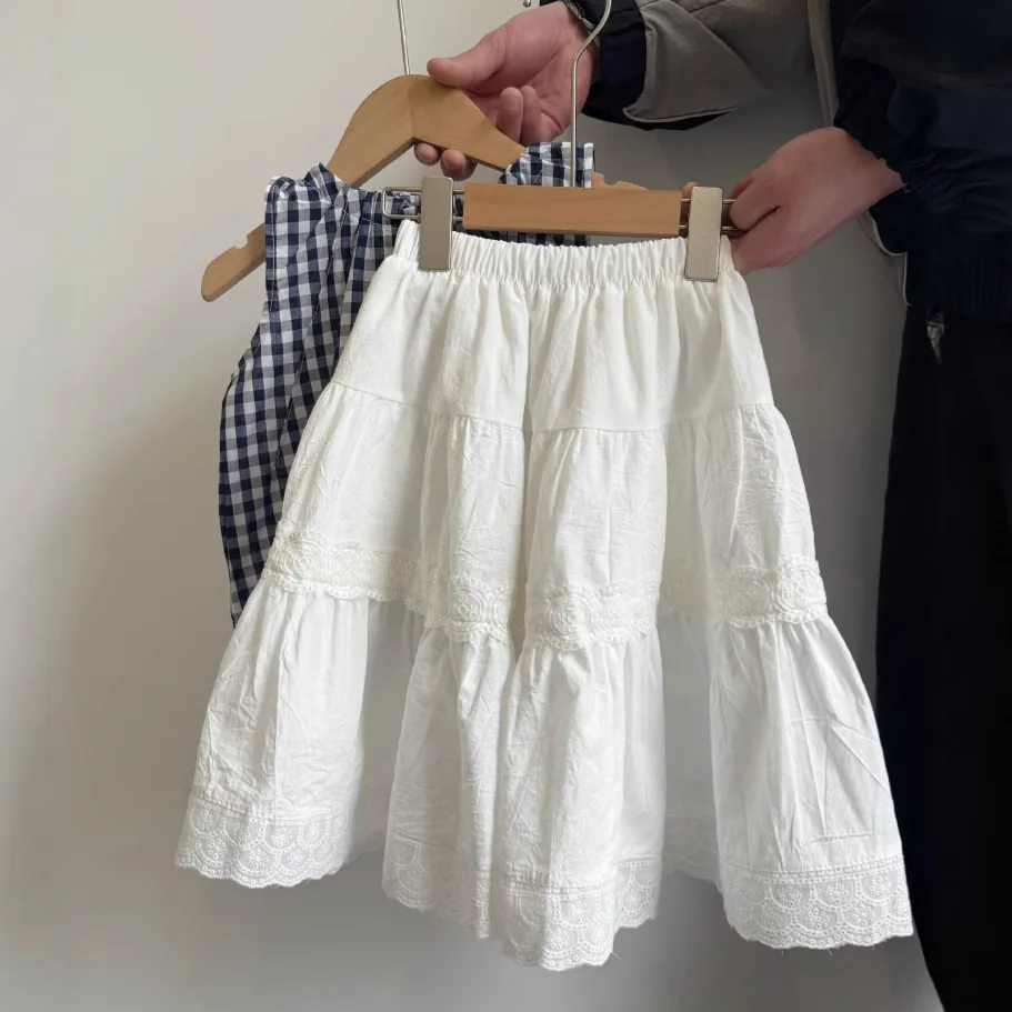 

2025 Summer New Children Clothing Girls White Half Length Skirt Lace Girl Sweet and Versatile A-line Skirt