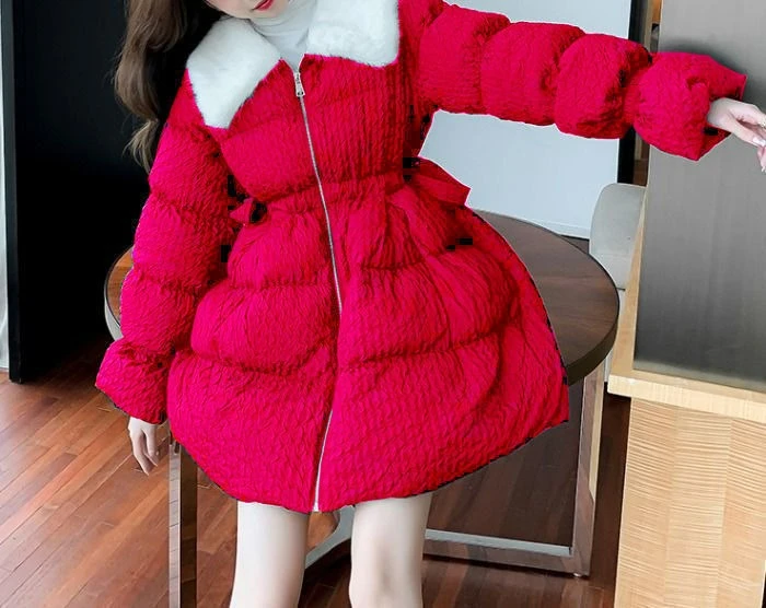 

Женская зимняя хлопковая куртка с утягивающей талией, большой меховой воротник, модное пуховое хлопковое пальто средней длины