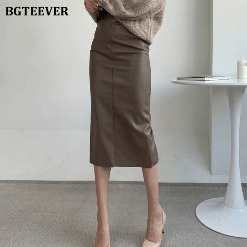 BGTEEVER Stylish Package Hip PU Leather Skirts for Women Autumn Elegant High Waist Slim Split Ladies Pencil Skirts