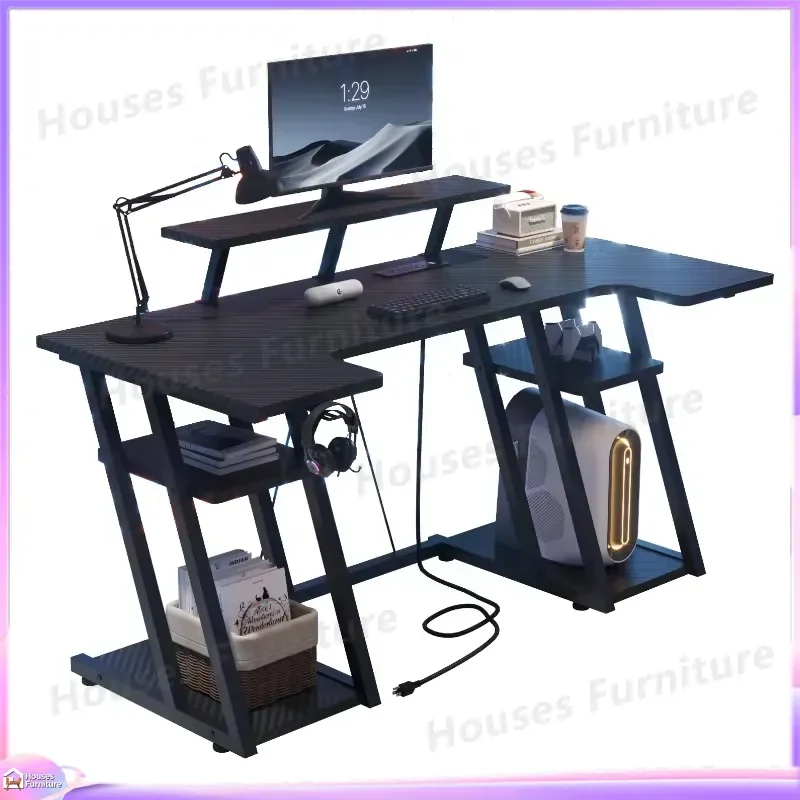 Modern U-Shaped Computer Desk with Built-in Power Socket USB Ports LED Lights Home Office Workstation Study Gaming Table with