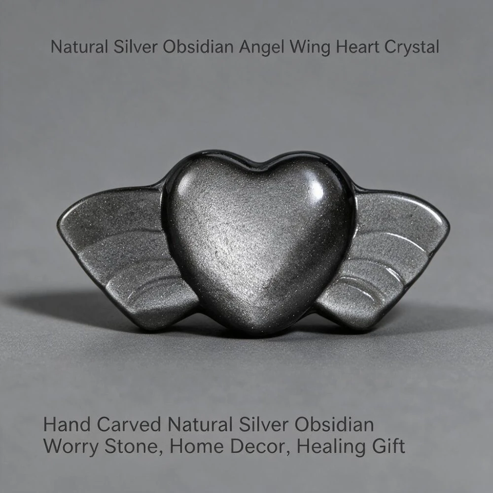 Natural Silver Sheen Obsidian Heart with Wings Figurine, Hand Carved Stone Ornament, Mini Desktop Decoration Collectible Gift