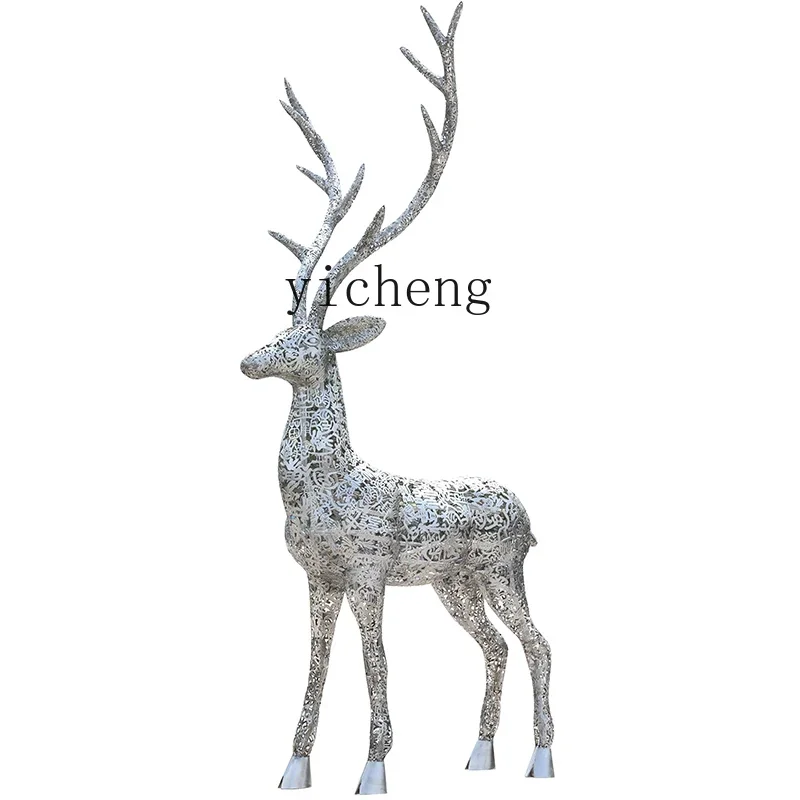 ZK Stainless Steel Floor Sculpture Luminous Lucky Elk Big Decorations Lawn Landscape