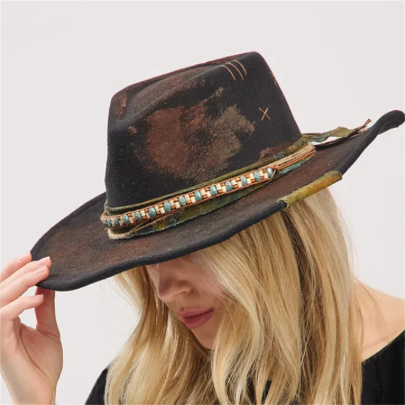 Vintage Distressed Feather Walnut Brown Fedora Hat handpainted cowboy Hats men women cowgirl hats chapeau cowboy ковбойс