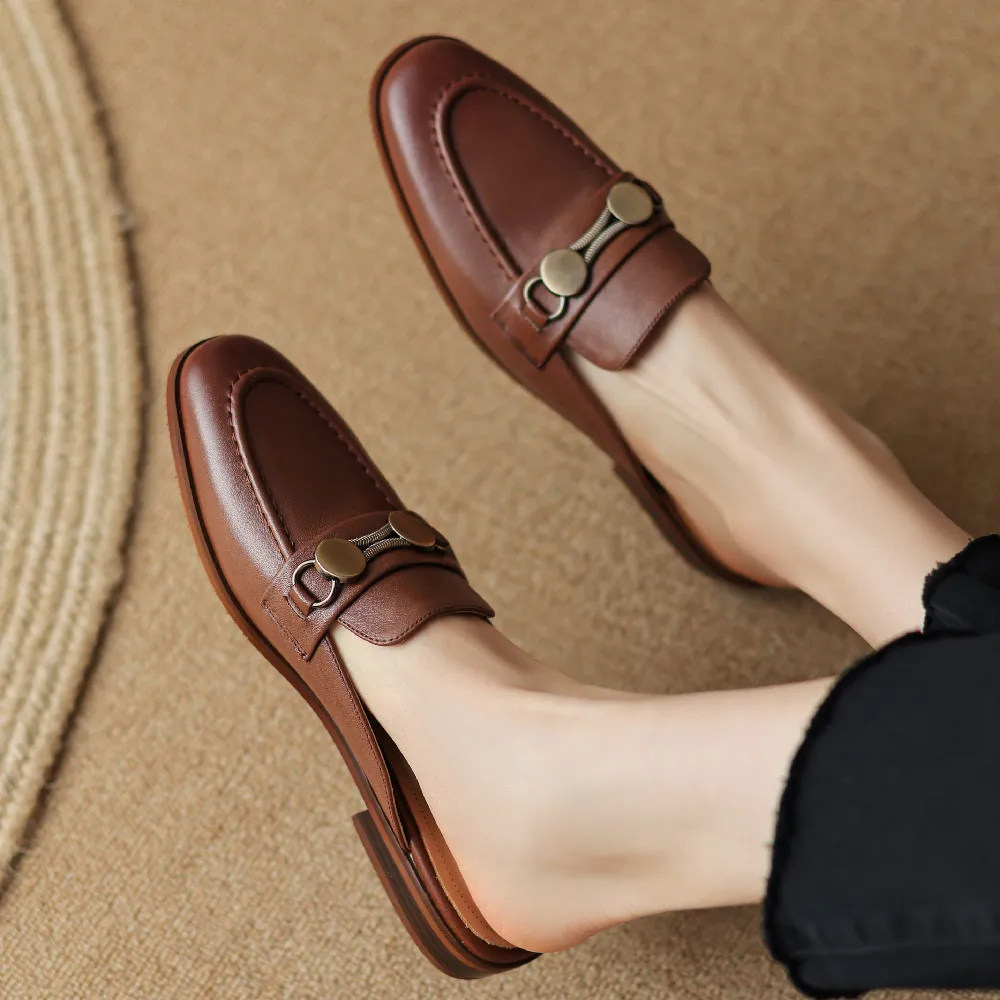 Damskie bydlęce skórzane okrągłe noski płaskie buty wsuwane loaers soft comfort damskie 2023 letnie nowe slajdy codzienne buty codzienne