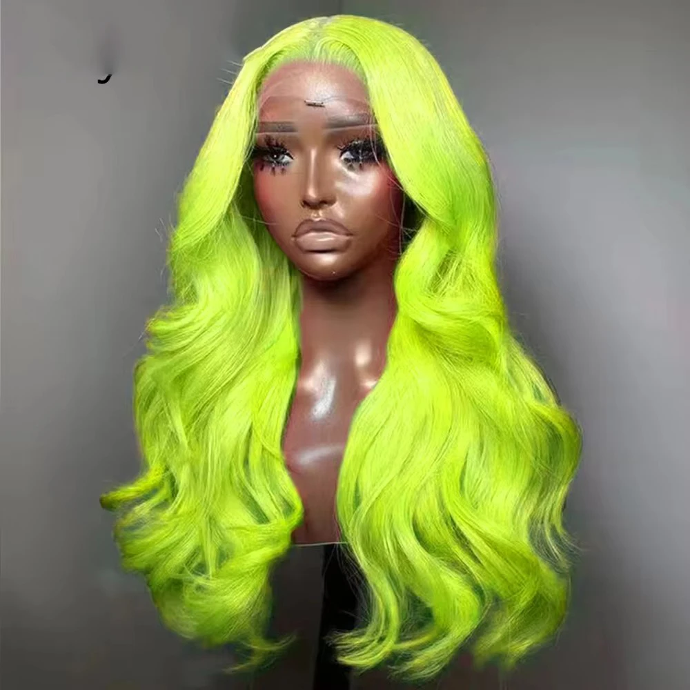 QW Synthetic Hair Neon Green Body Wave Soft 13X4 Lace Front Wig For Women Hair Heat Resistant Fiber Cosplay  Daily