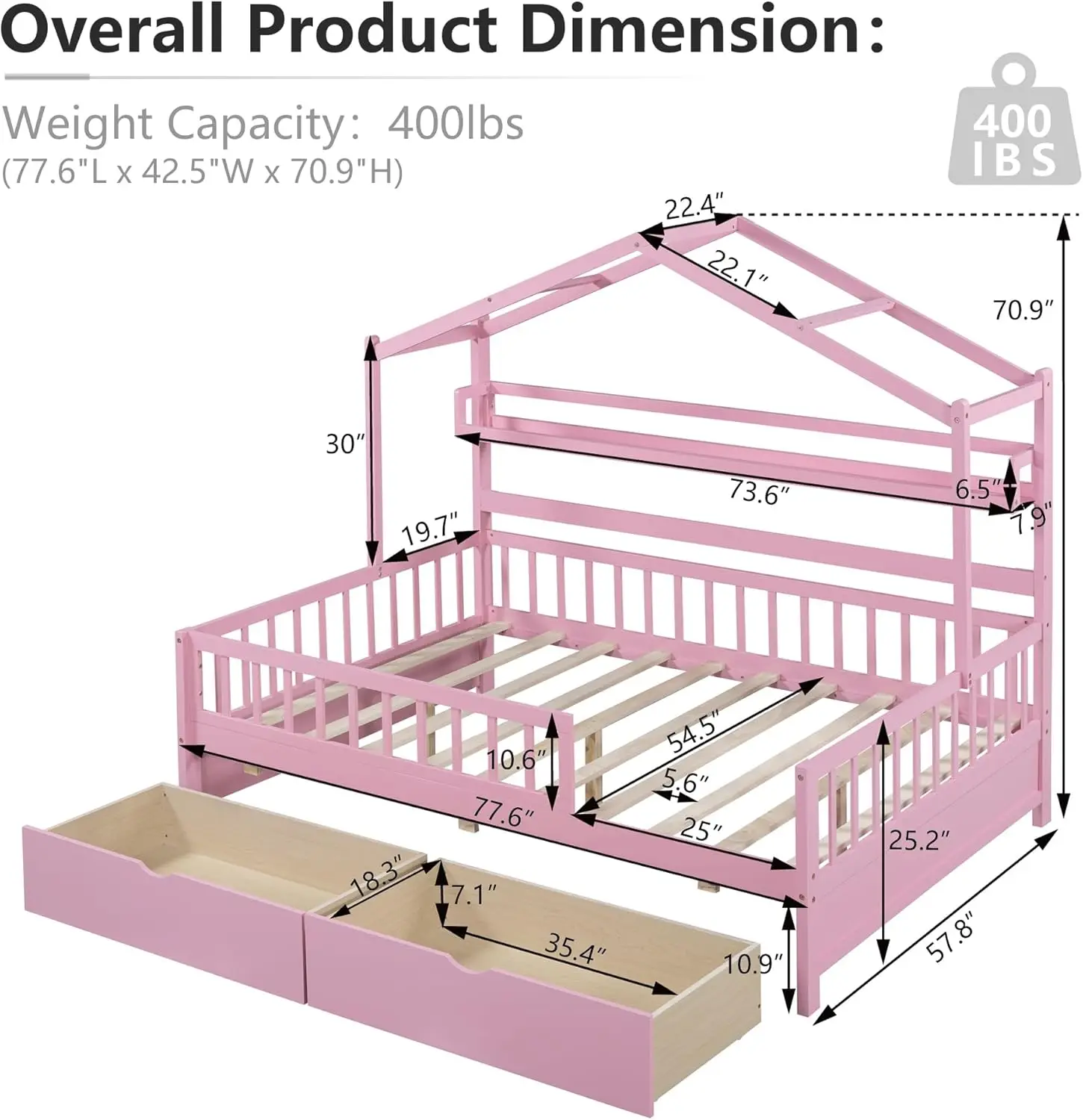 Full Size House Bed For Kids, Montessori Platform Bed Frame With Drawers And Storage Shelves, Playhouse Bed Frame With