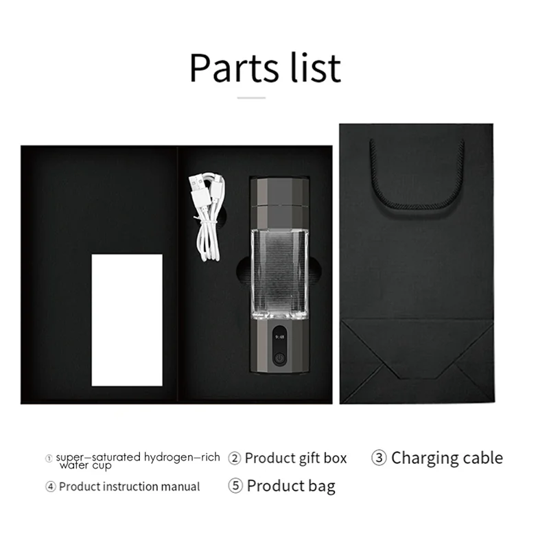 BHTS-PEM Electrolysis Hydrogen Generator 8000PPB Display Portable Rechargeable Hydrogen Water Bottle Durable Black