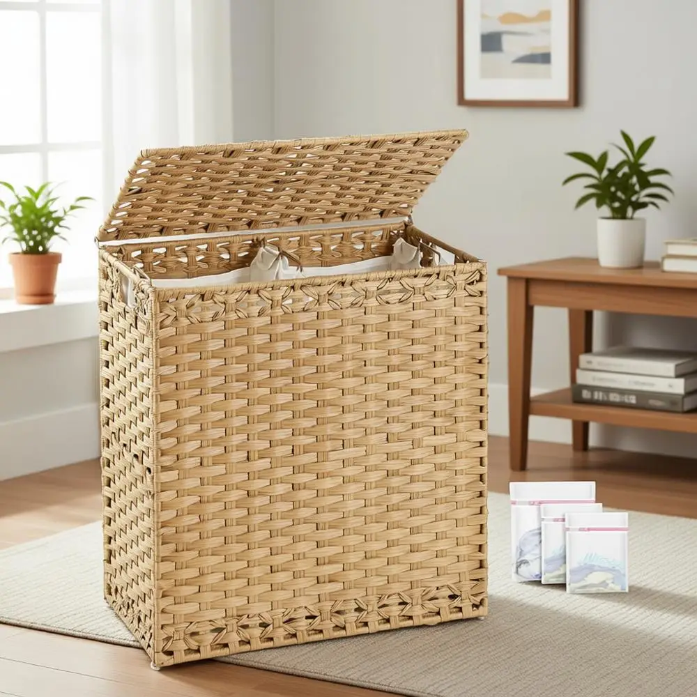 

Плетеная корзина для белья ручной работы с крышкой, объемом 112 л, со съемным вкладышем и 6 сетчатыми мешками для домашнего хранения