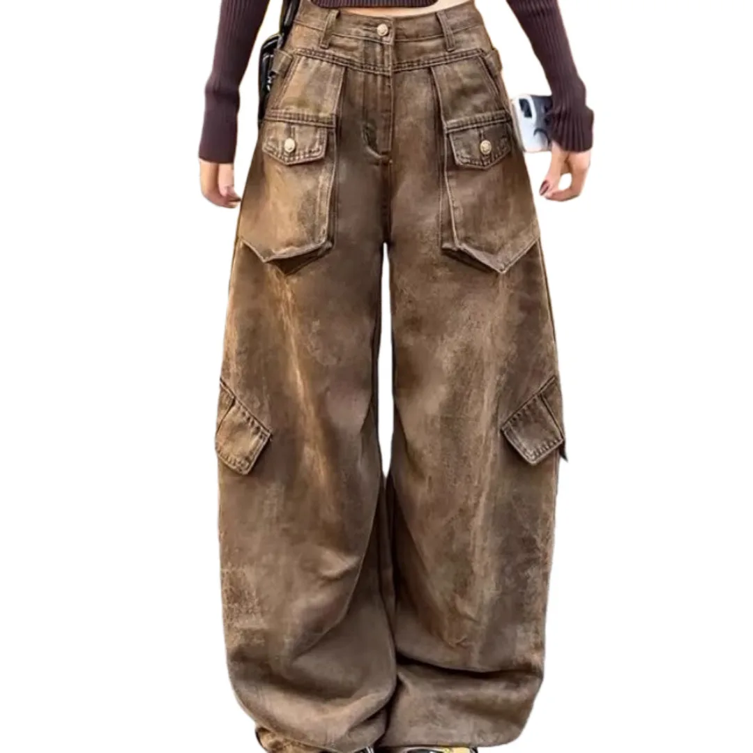 Jean Cargo rétro marron pour femme, pantalon Cargo, grande taille, Y2K, multi-poches, ourlet incurvé, longueur au sol, collection automne-hiver 2025