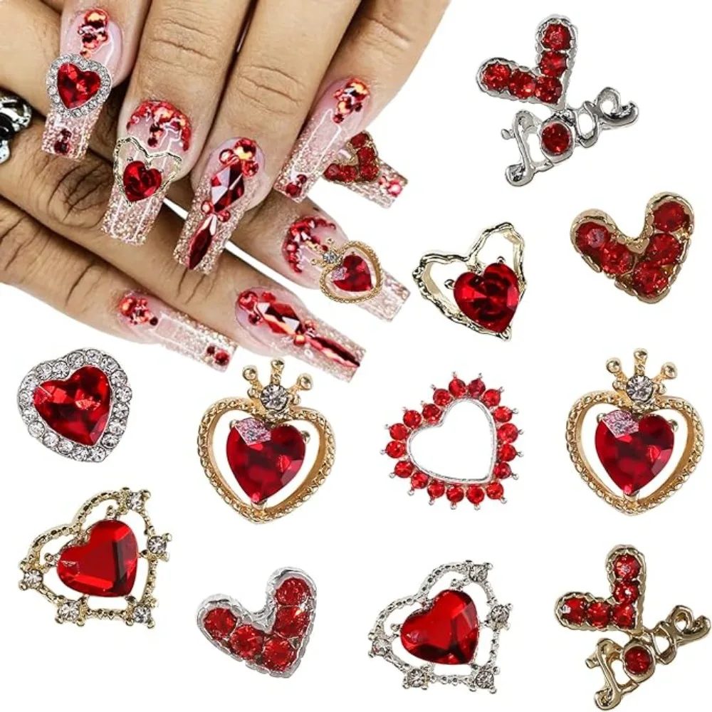 10 Uds. De piezas de uñas con purpurina para el Día de San Valentín, corazón rojo, dijes para decoración de uñas, diamantes de imitación de cristal, corazón de amor dorado y plateado