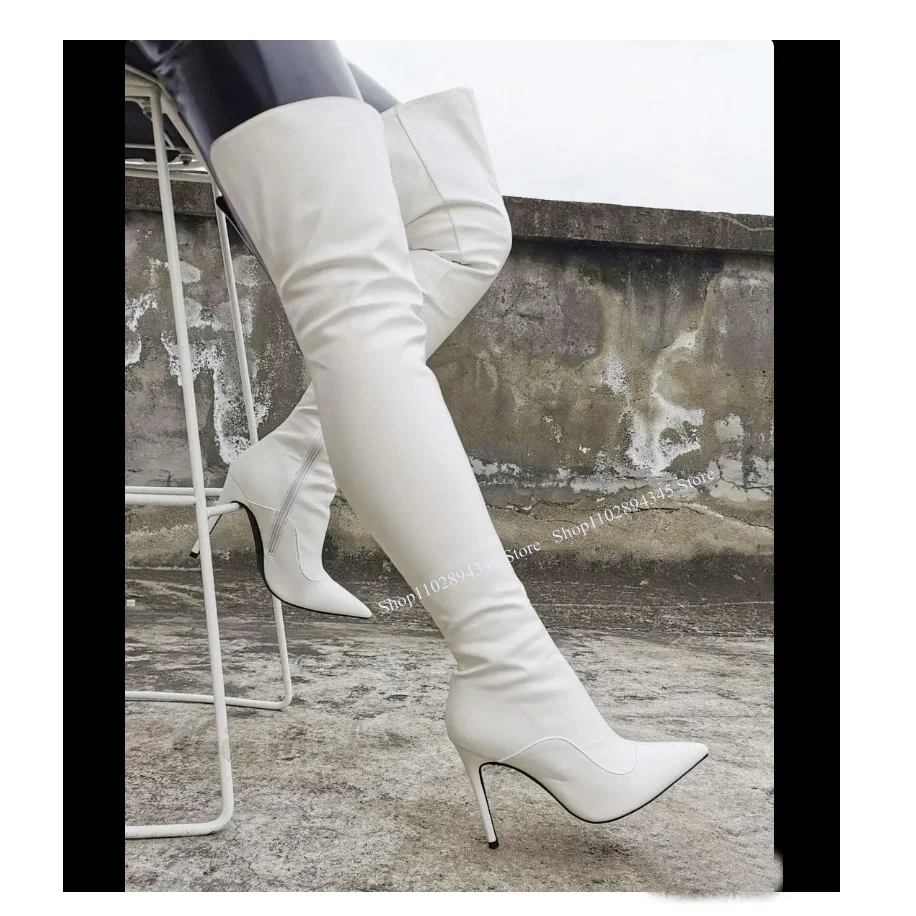 White Over Knee High Cut Out Boots Pointed Toe Leather Thin High Heel Fashion Sexy Western Winter Woman Shoes Zapatillas Mujer