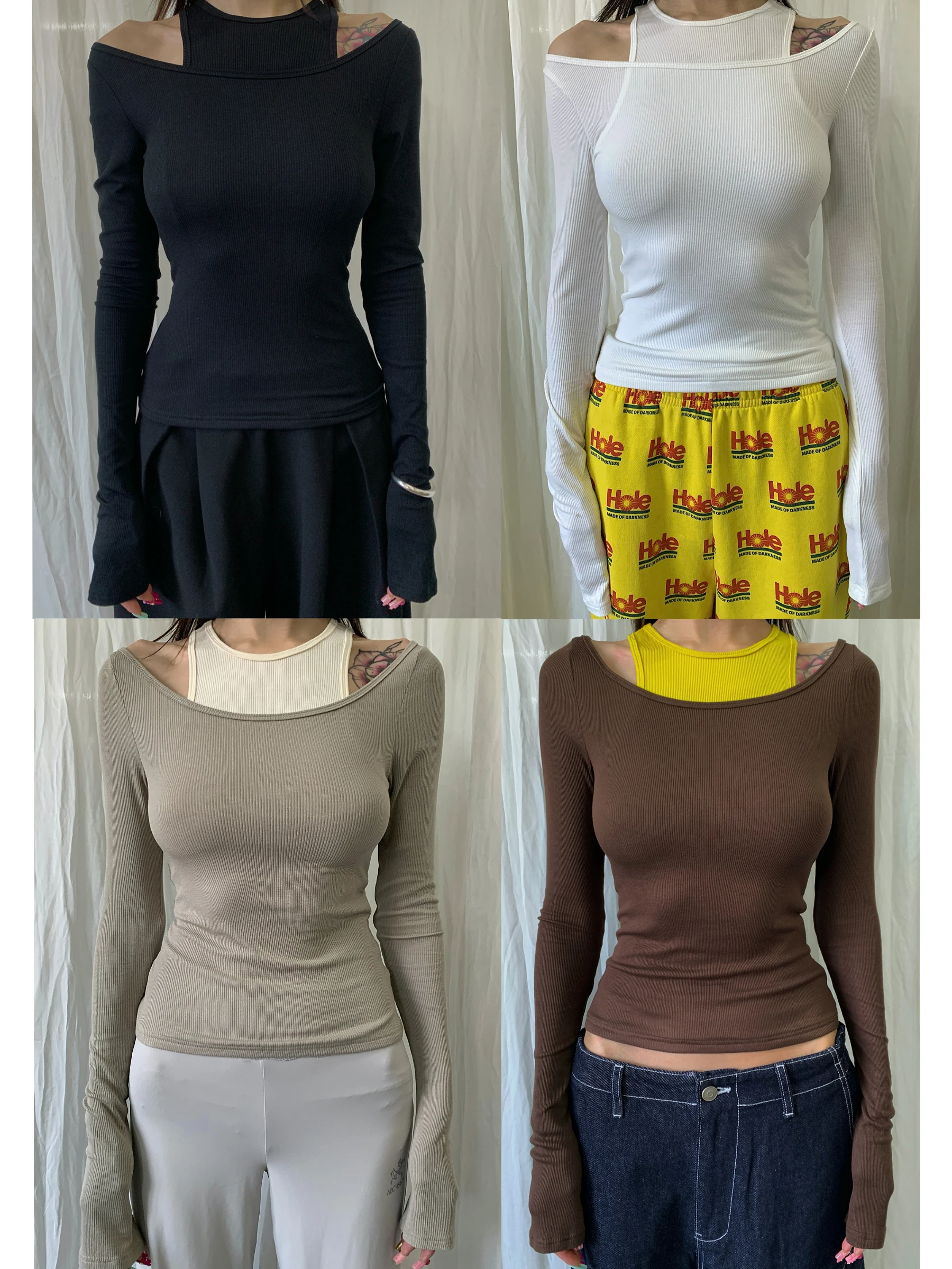 

FourFor Skin-Friendly Oulder-Bared Fake Two-Piece Base irt в четыре цветах Легко носить Повседневная футболка Sle Long Sve