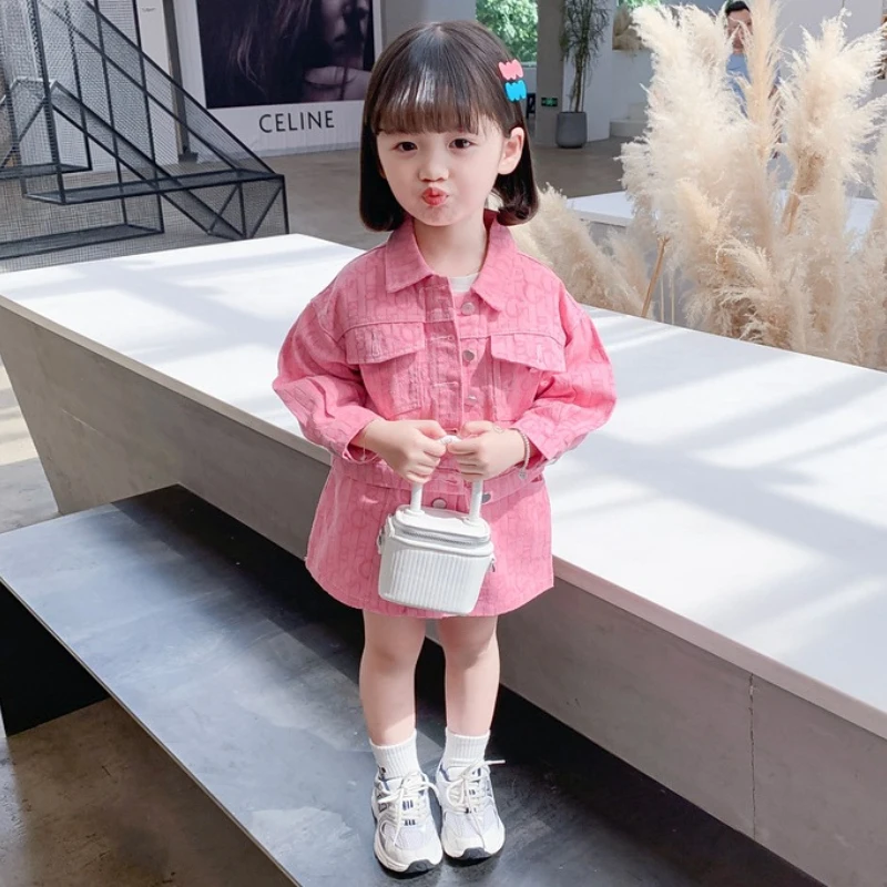 Girl Two Piece Set 2024 Autumn New Fashion Pink Cowboy Loose Coat Skirt Casual Simple Sweet Korean Active Vintage