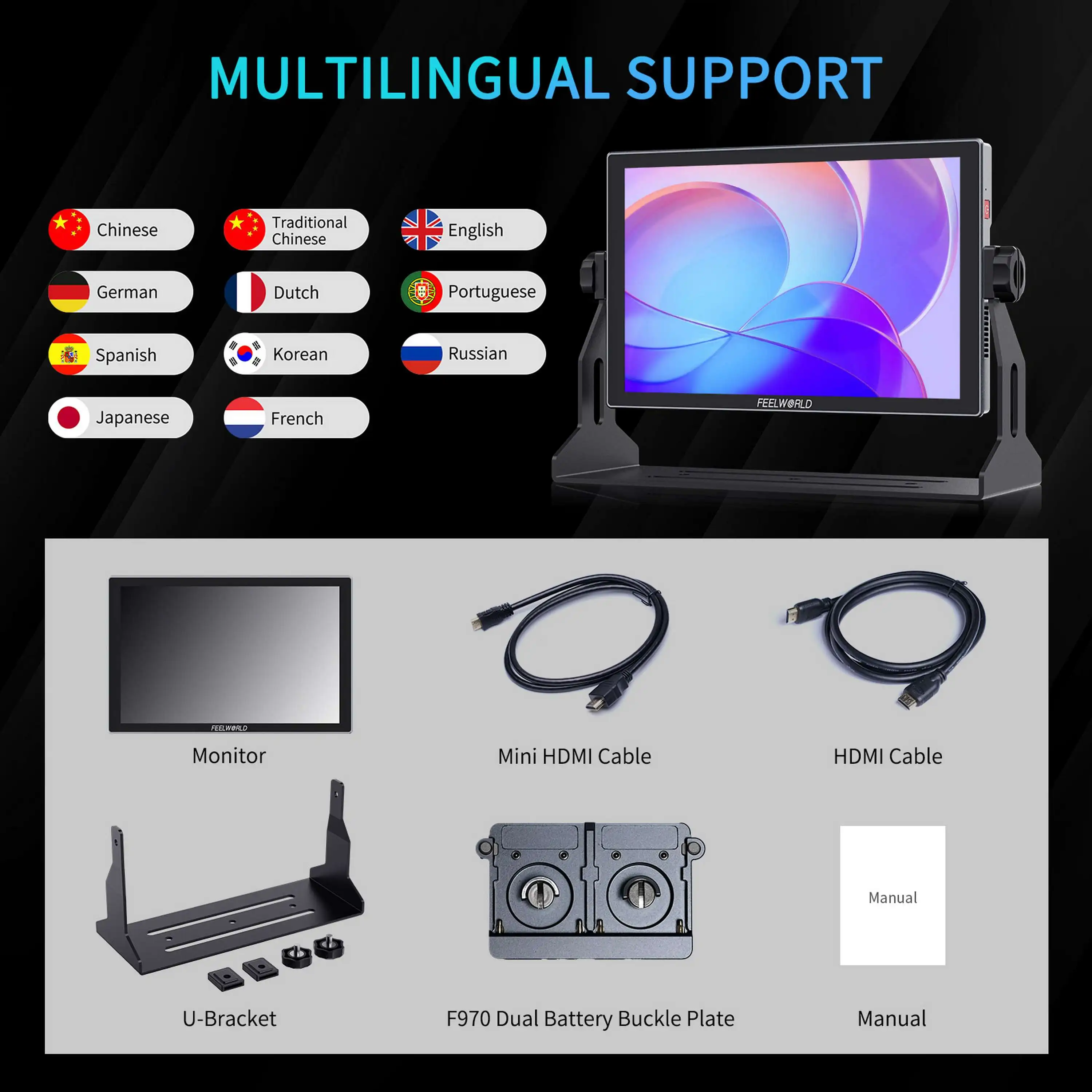 L FEELWORLD S10 10-inch  SDI HDMI Camera Field Monitor High Brightness 1200nit  Touch Screen 12G Dslr Field Monitor