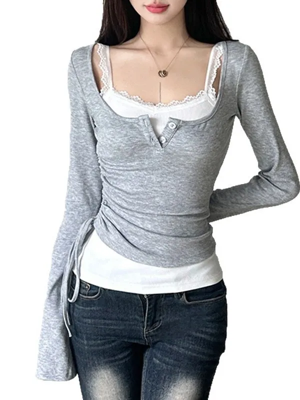 เสื้อยืดทรงสี่เหลี่ยมผืนผ้าสำหรับผู้หญิง สายเดี่ยวรัดเอว สไตล์สาวฮอต แฟชั่นชาติพันธุ์จีน คอลเลคชั่นฤดูใบไม้ร่วง 2025