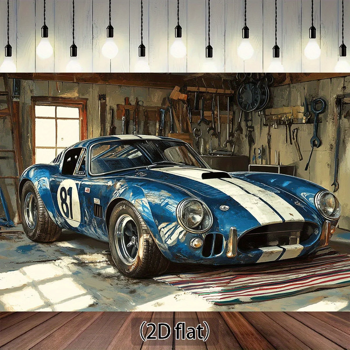 Classic Blue Sports Car Tapestry - Vintage Garage Scene, Racing Car Wall Art, Retro Man Cave Decor, Living Room Bedroom,