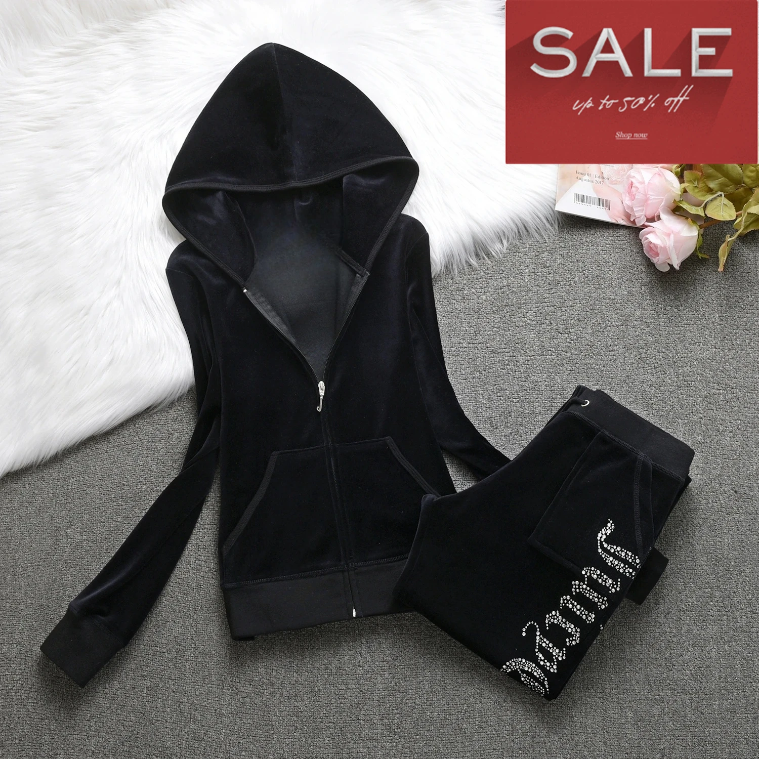 Women Velvet Tracksuit Solid Color Hooded Women Suit Velvet Sports Suit 2pc Thickened Solid Color Hooded Top + Casual Trousers