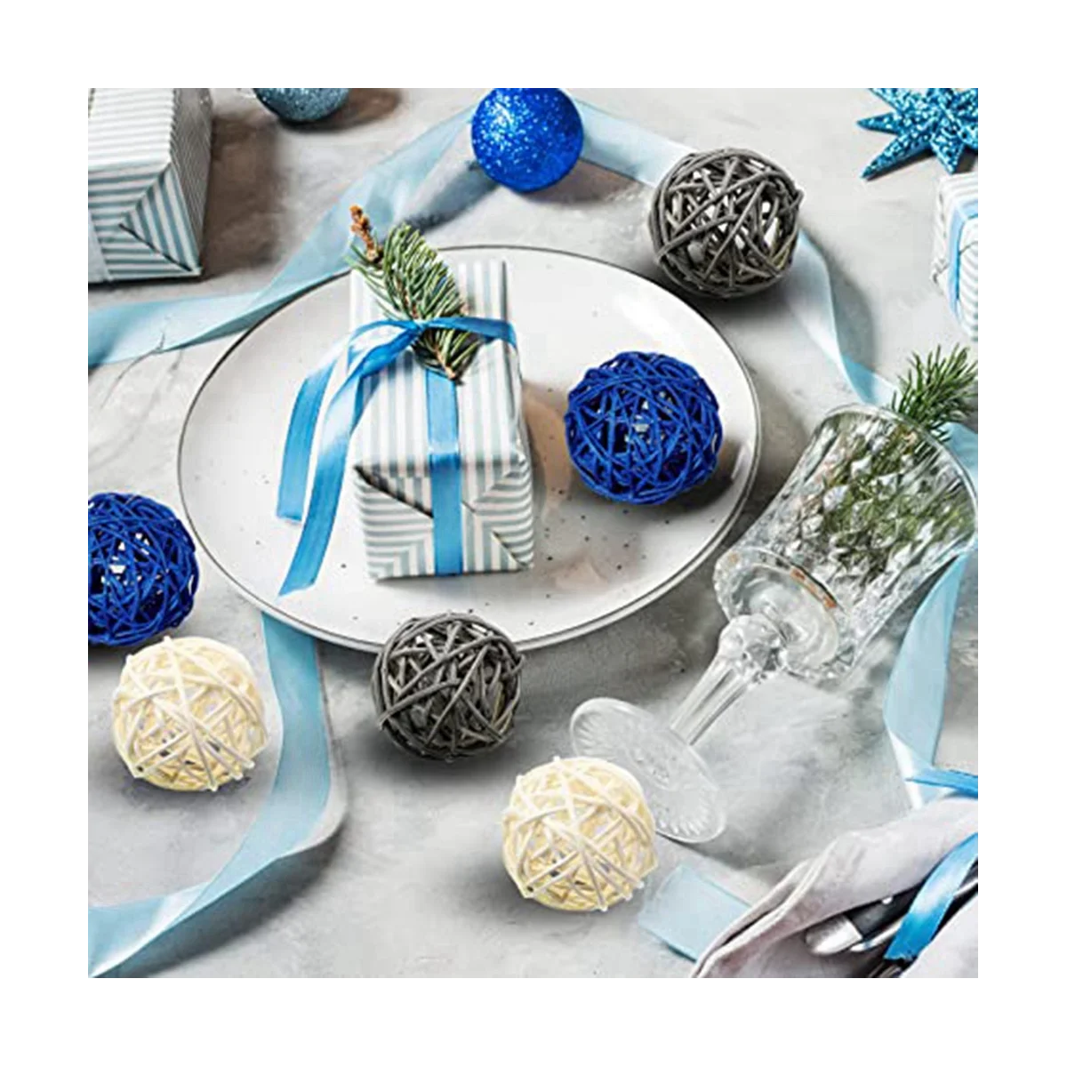 Boules Décoratives en Rotin Bleu Foncé, Gris et Blanc, Décoration de Maison, Chambre, Cuisine, Mariage