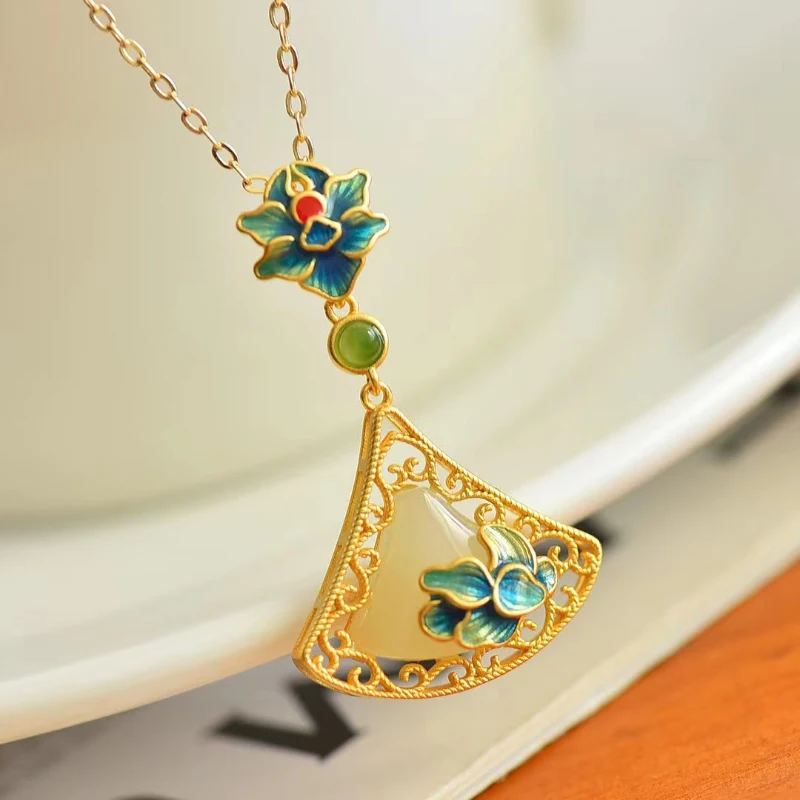 Original Design Inlaid Natural Hetian White Jade Triangle Enamel Porcelain Flower Pendant Openwork Necklace Women's Jewelry