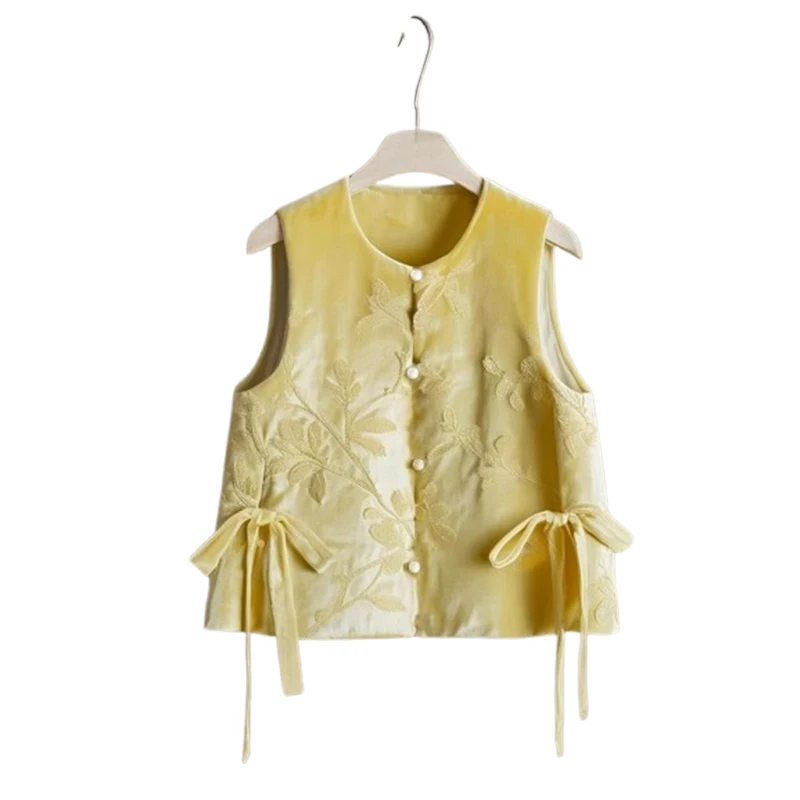 الأزهار المطرزة المخملية سترة المرأة الرجعية الصينية خمر العرقية نمط بلوزات بلا اكمام المتضخم