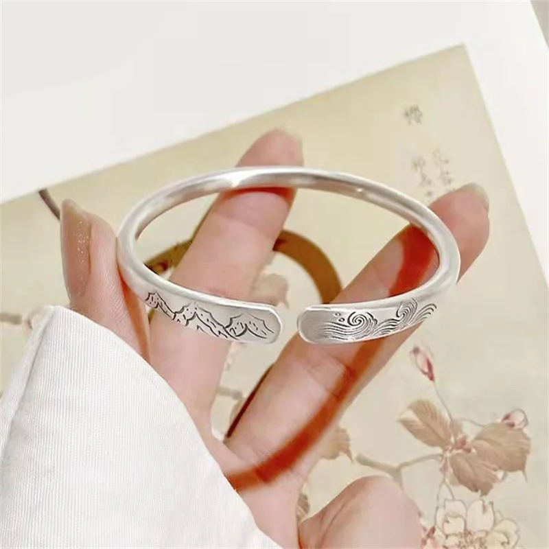 Till Mountains Wear Away Seas Run Dry 999 Sterling Silver Couple Bracelet Ladies Men Open Adjustable Mountain Wave Carved Hypoal