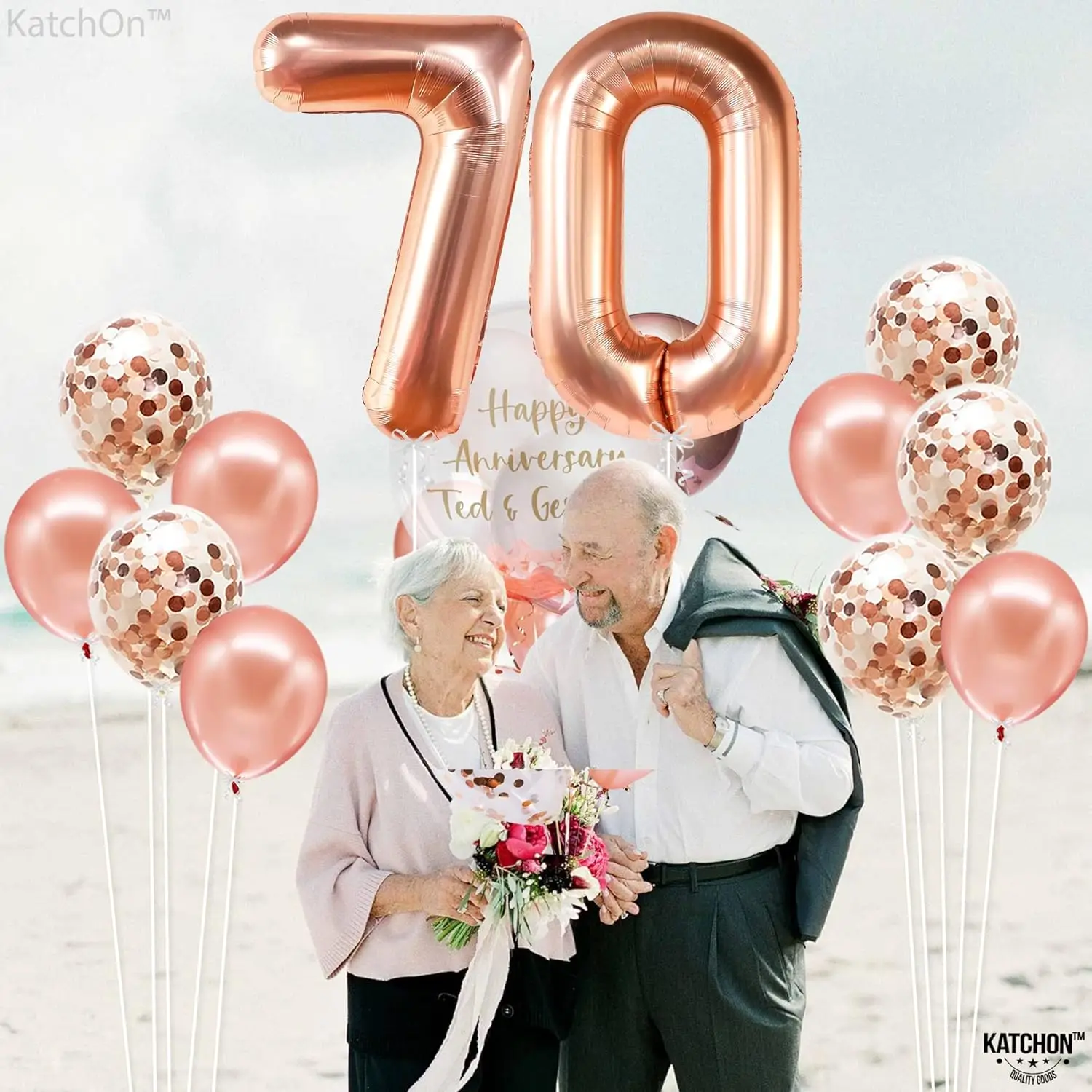 ‌ بالونة من رقائق الذهب الوردي مقاس 40 بوصة رقم 70 مع قصاصات - زينة عيد الميلاد والذكرى السبعينيات - بالونة حفلات كبيرة