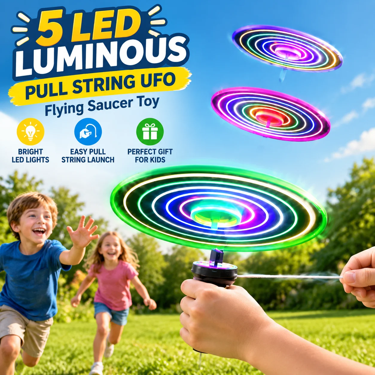 5 LED Luminous Pull String UFO Flying Saucer Toy Colorful Glow Fairy Disc Interactive Outdoor Flying Disk Game for Kids