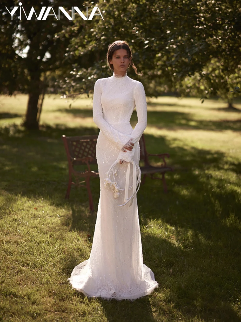 

White Classic Beaded Lace Wedding Dress Modest High Collar Long Sleeve Bridal Gown Customized Elegant Mermaid Dresses For Bride