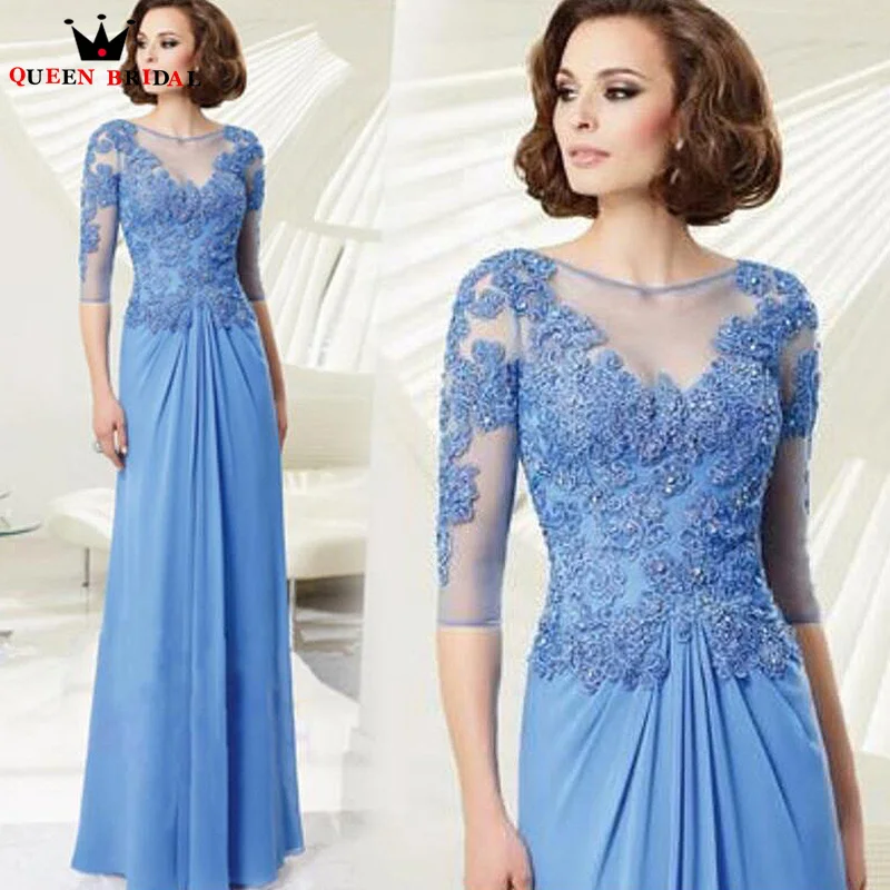 Blue Lace Beaded Mother of the Bride Dress Appliques Three Quarter Wide-waisted vestido mae da noiva luxo Plus Size Custom DT73