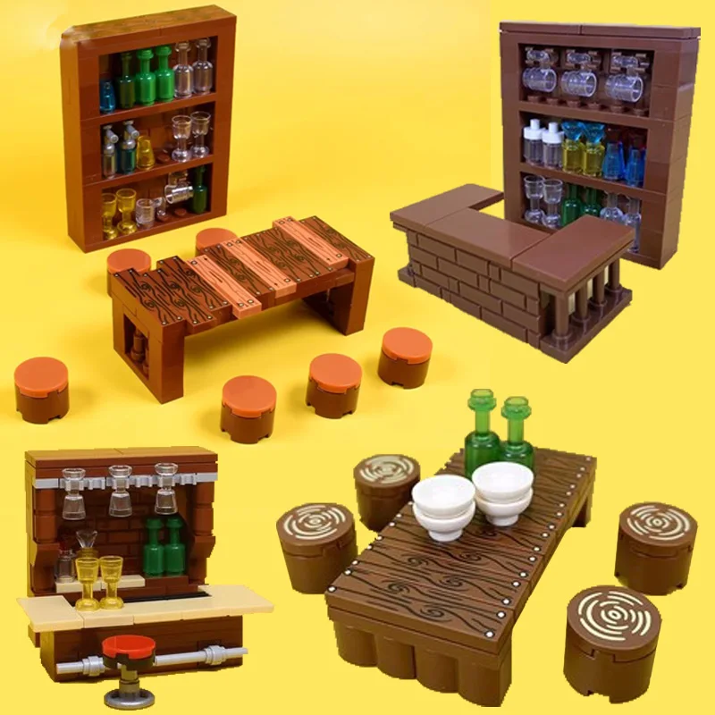 MOC City Series Furniture Kitchen Wine Cabinets Bar Counter Table Building Blocks Table Chair Assemble Brick Educational Kid Toy