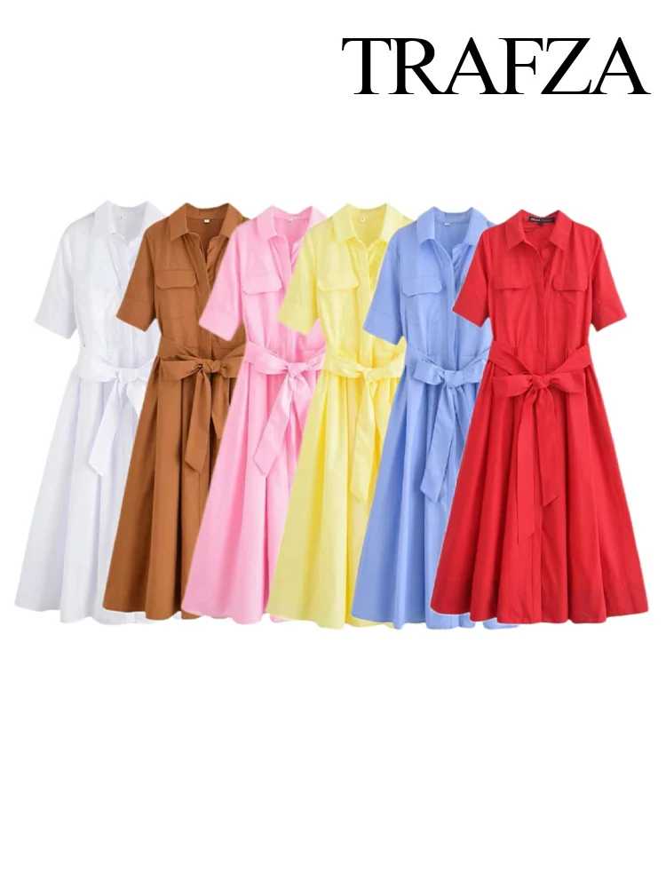 

TRAFZA Women's Fashion Temperature Slim Short Sleeve Waist-Close-up Poplin Dress Female Elegant Simple Pocket Belted Long Dress