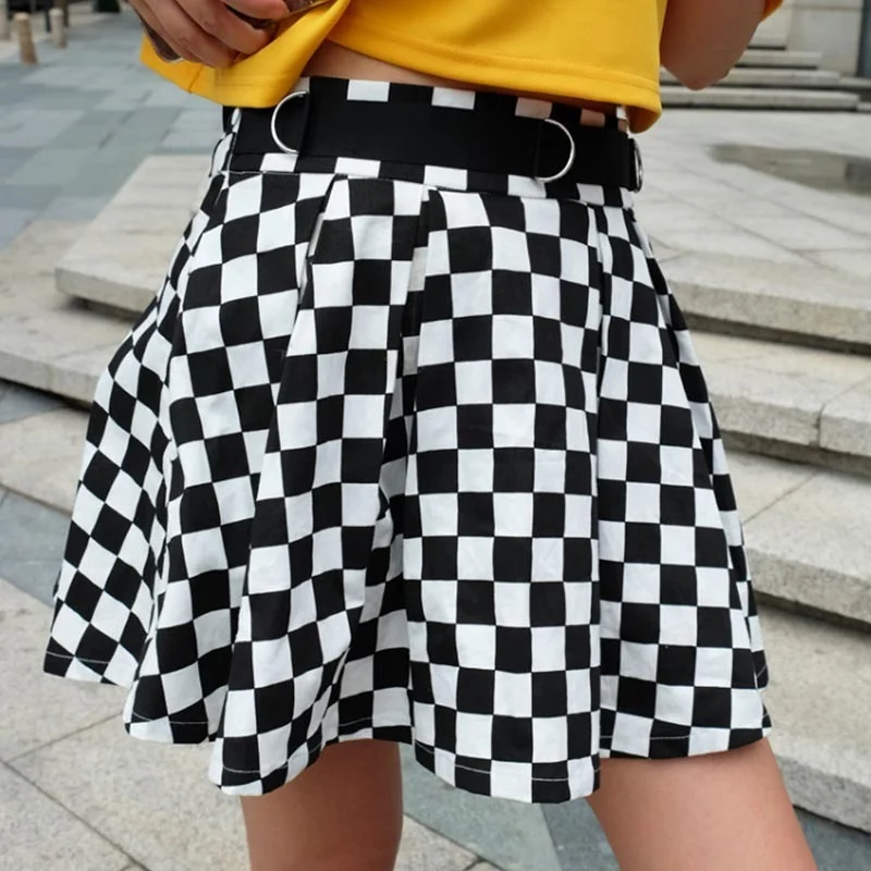 Summer Y2k Pleated Mini Skirt Women High Waist Harajuku Vintage Plaid Skirts Female Punk Streetwear Short A-line Skirt with Belt