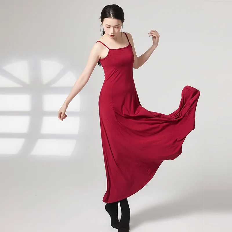 

Женское профессиональное танцевальное платье на подтяжках, современное танцевальное платье, комбинезон для выступлений, длинное однотонное балетное платье без рукавов для девочек