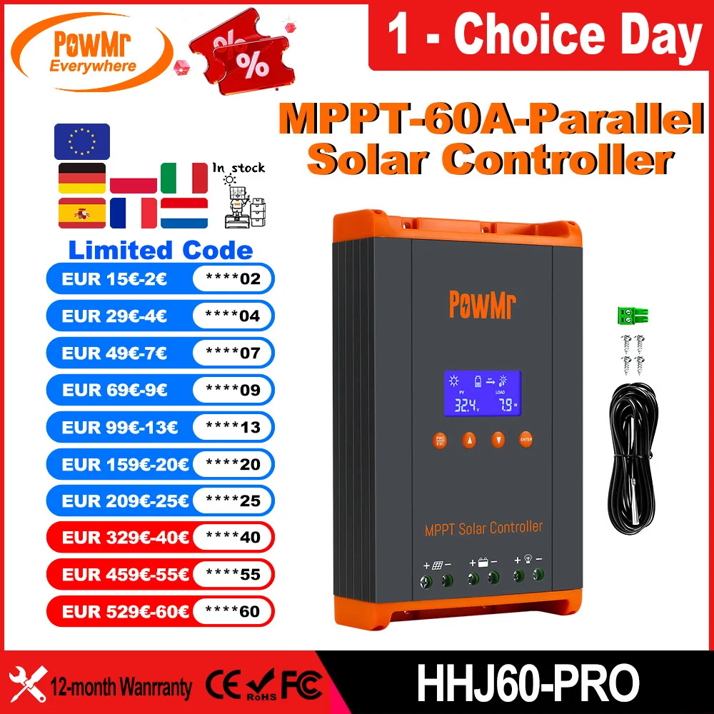 PowMr 60A MPPT Solar Charge Controller 3 Stages Charging for 12V 24V 36V 48V Battery 160VDC Solar Panel Can Parallel 12 Units