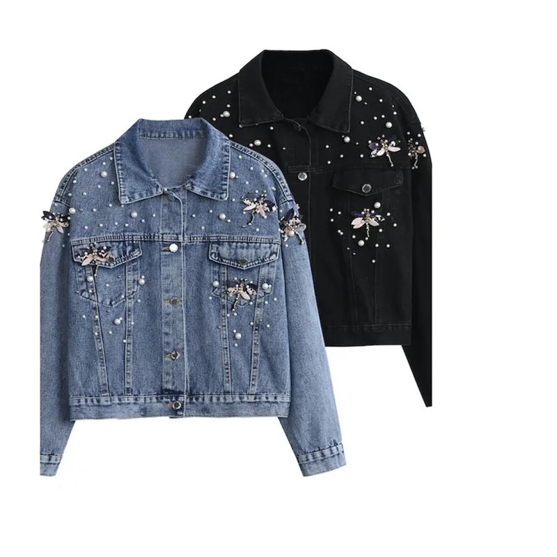 2025 Women's Korean Edition Loose Long Sleeve Short Coat Spring Autumn New Heavy Industry Five Dragonfly Nail Bead Denim Jacket