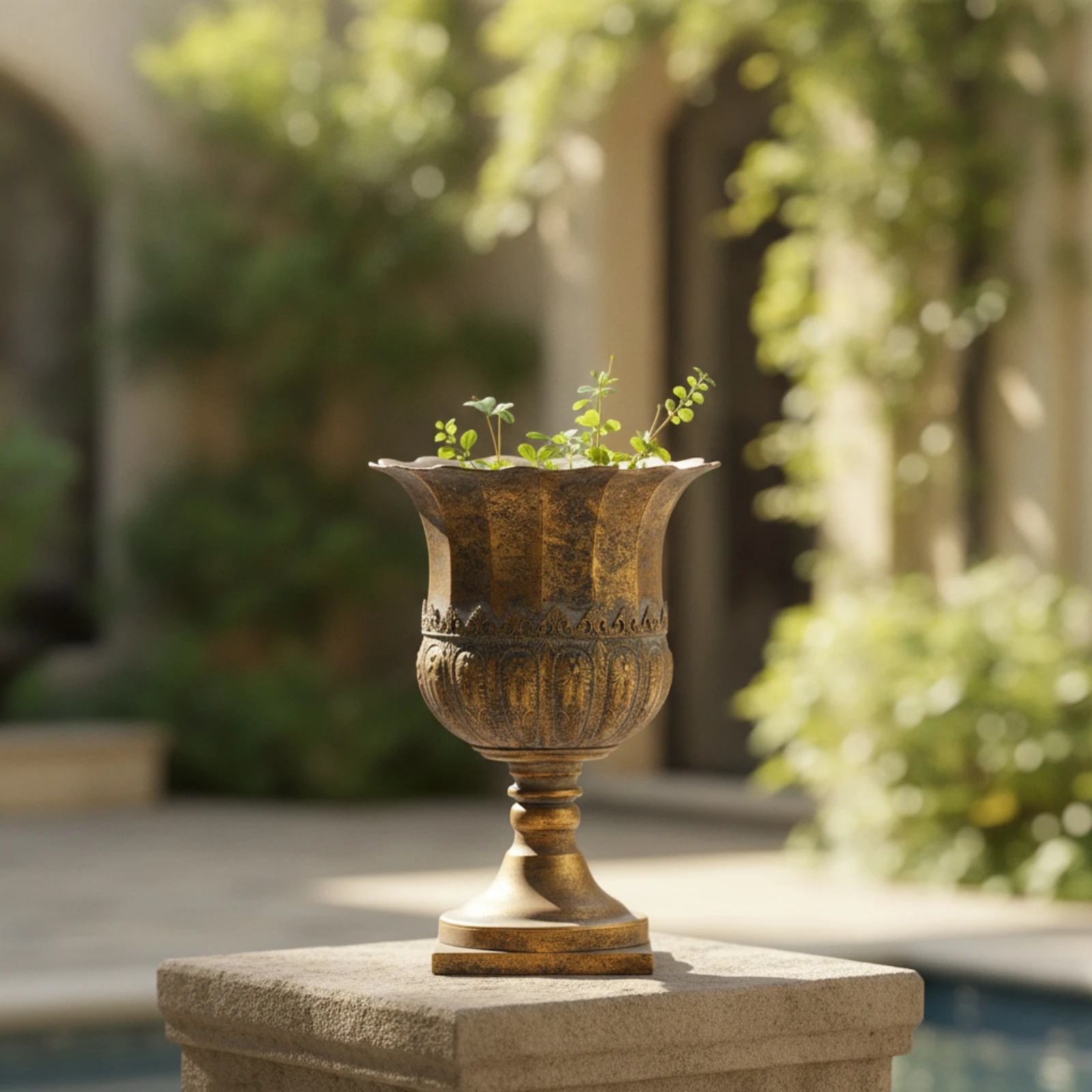 Pedestal Vase Vintage Vase with Scalloped Rim Metal Urn with Square Base Tall Rustic for Entryway, Living Room