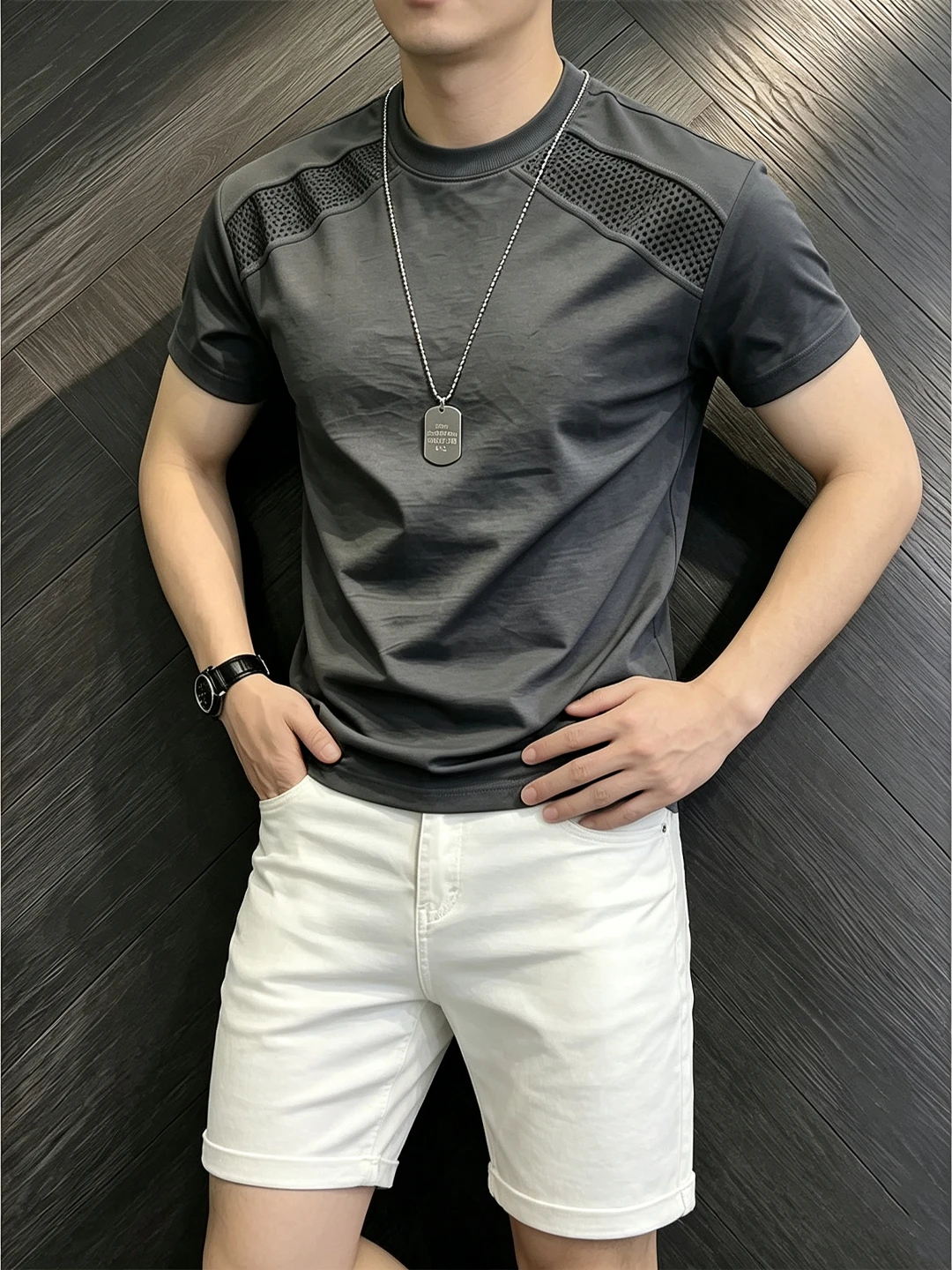 Quick Dry Ice Silk Cool Feeling Men's Short Sleeve T-Shirt Deep Grey Mesh Deconstructed Shoulder Fitness Sportswear Casual Lo...
