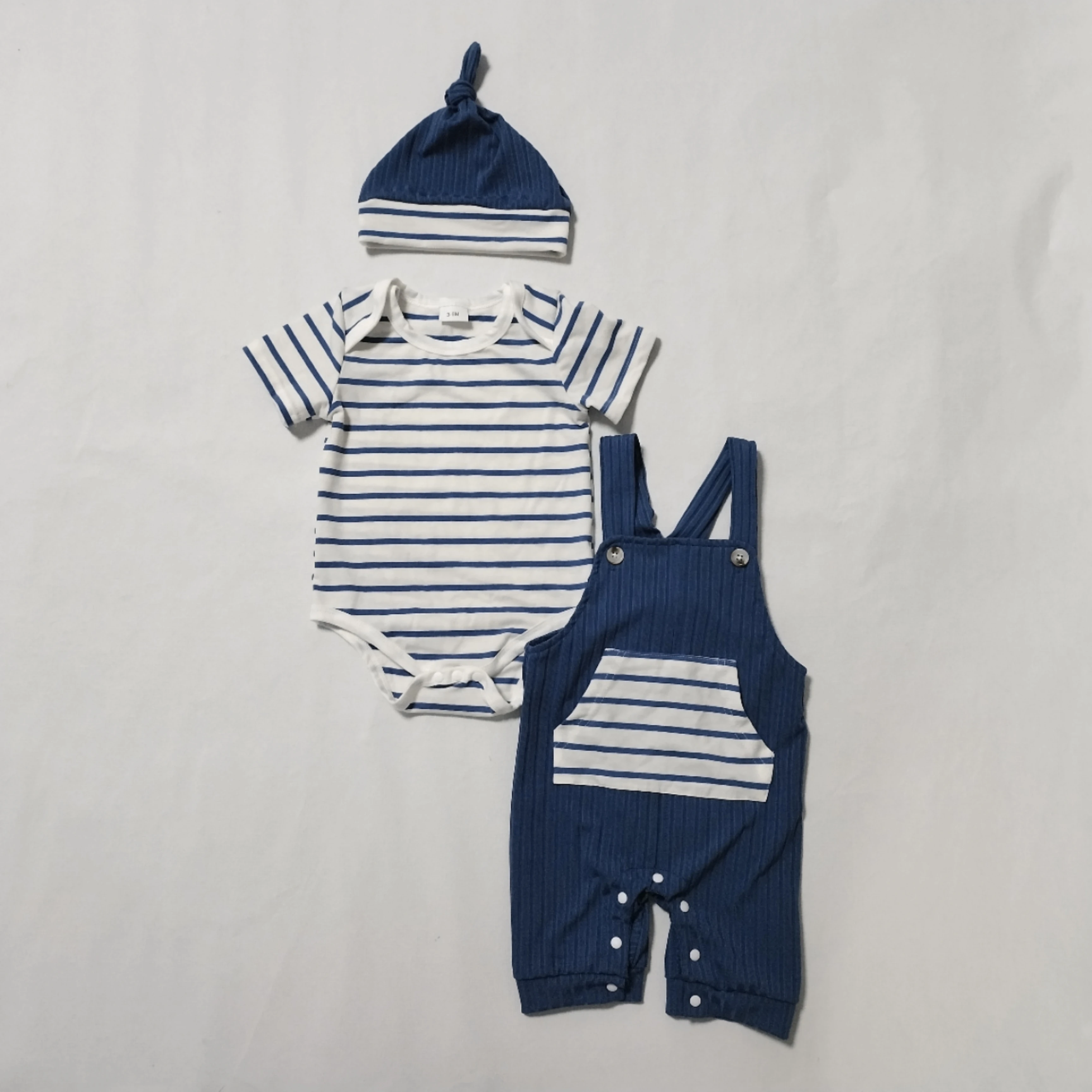 Cute Baby Boys Summer Outfits Stripe Short Sleeve Rompers Suspender Pants Hat 3Pcs Boys Clothes Set