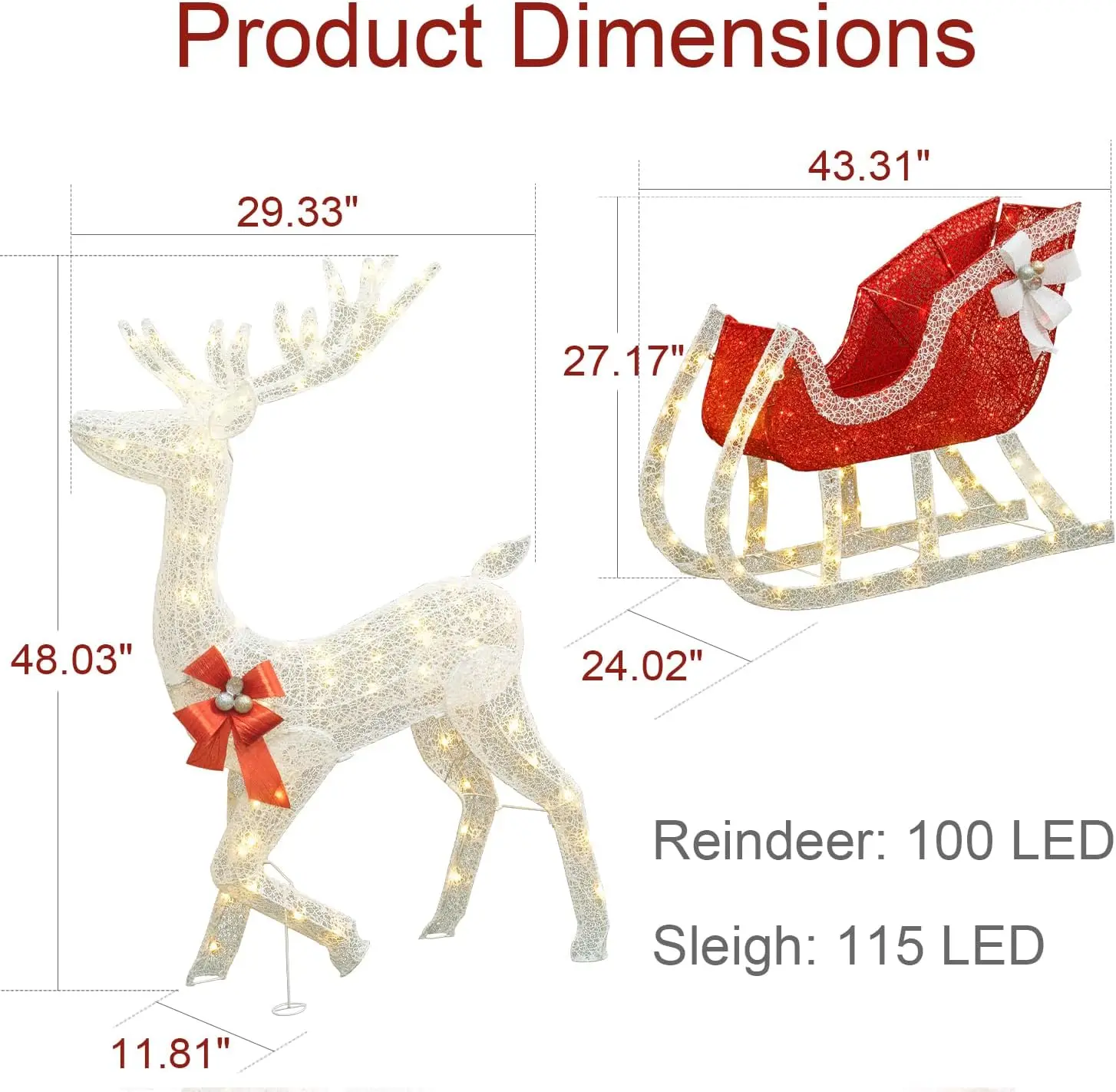 4FT Christmas Decorations Reindeer and Sleigh Set, Pre-Lit LED Light Up Reindeer & Sleigh, Outdoor Yard Decoration