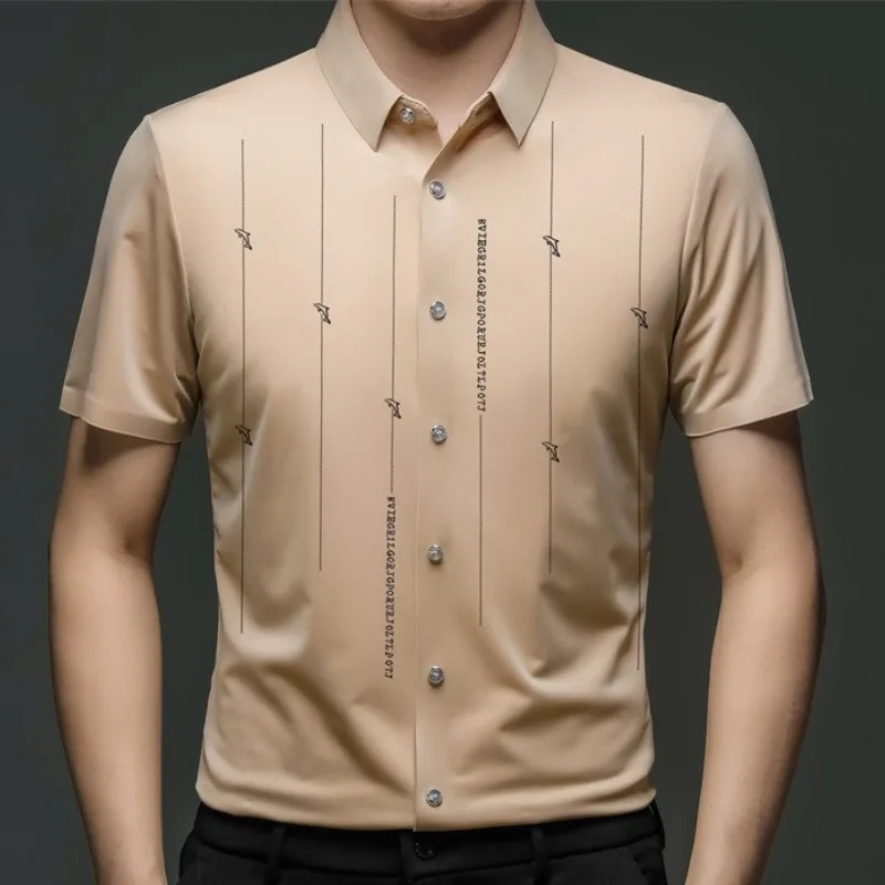 Summer New Shirts for Men Short Sleeve Turn-down Collar Traceless Printing Fashion Blouse Button Striped Casual Loose Slim Tops