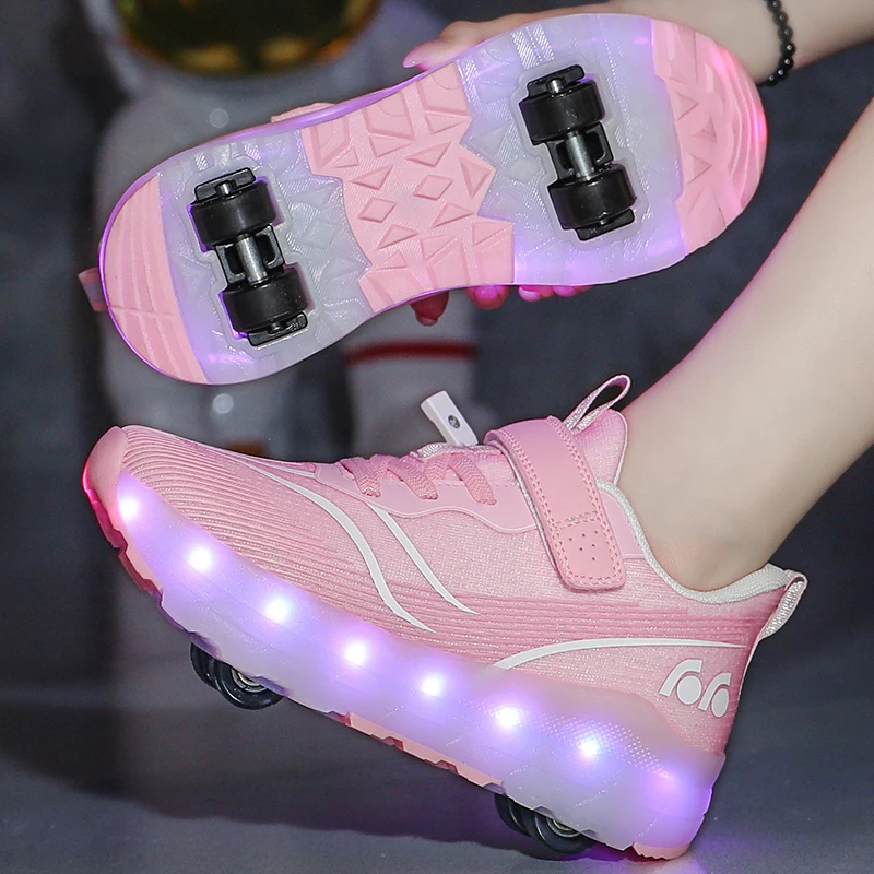 Roller Skate Shoes Kids Fashion Sport 4 Wheels Sneakers Boy Girl Led Lighted Up Boots Children Game Gift Toy Footwear