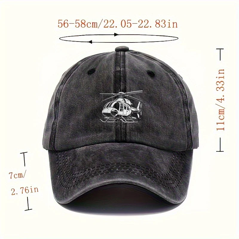 1pc Adjustable Washed Baseball Cap with Helicopter Print Pattern, Suitable for Outdoor Travel, Camping, Parties, and Hip-hop for