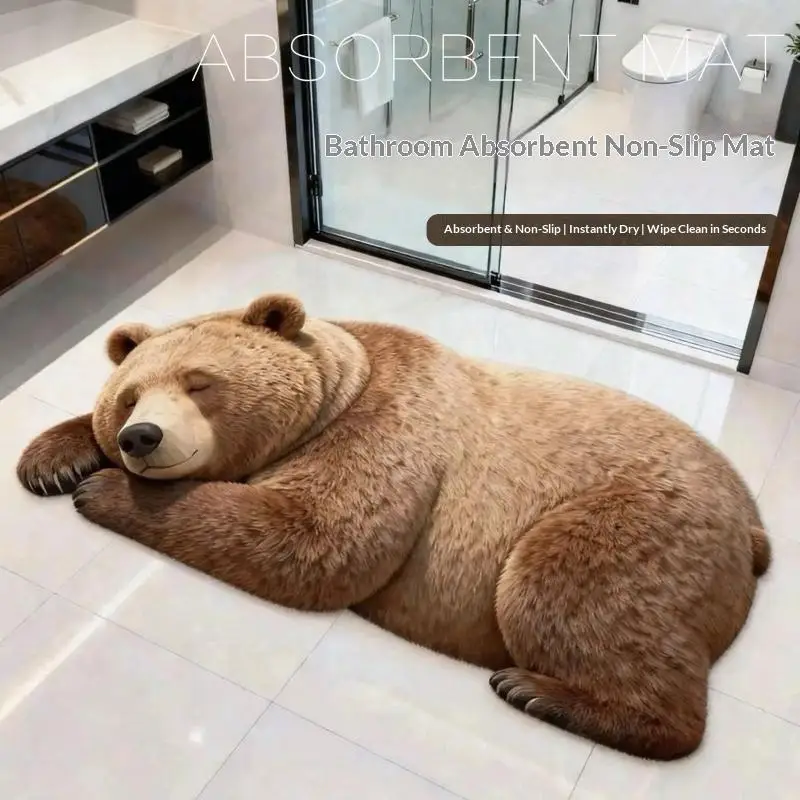 New Sale Realistic Sleeping Bear Shaped Bath Mat Non Slip Washable Absorbent Floor Rug Creative Animal Bathroom Decor Mat